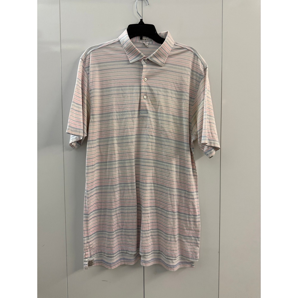 Peter Millar Mens Large Cotton Striped Polo Shirt Pink Blue White Short Sleeve
